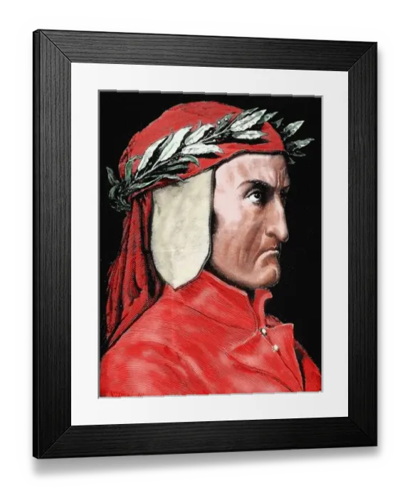 Framed Print : Dante Alighieri (1265-1321). Italian poet. Engraving by Pannemaker. Coloured Framed Print : Dante Alighieri (1265-1321). Italian poet. Engraving by Pannemaker. Coloured