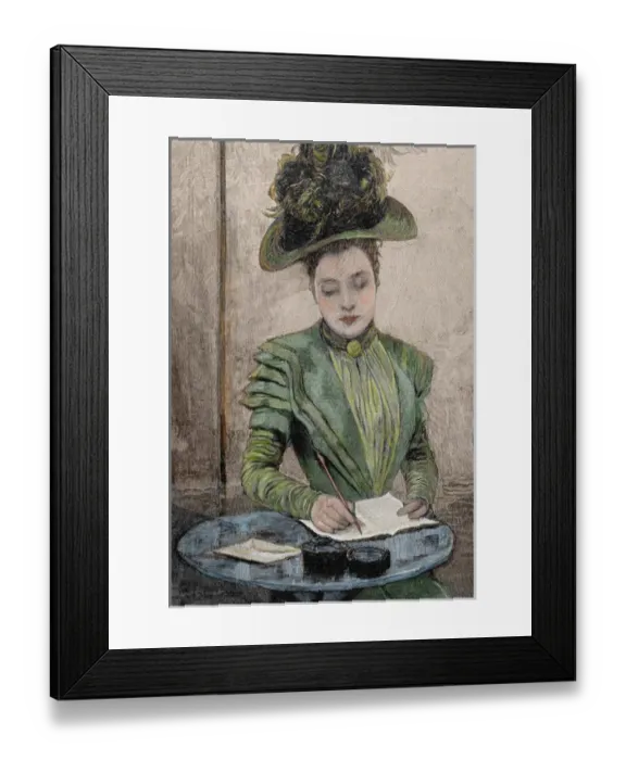 Framed Print : Lady writing a letter. Colored engraving from 1888