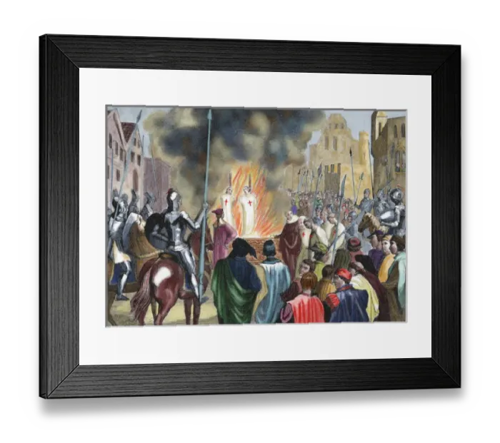 Framed Print : Burning Templar in the 14th century. Colored engraving of 1851