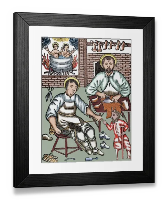 Framed Print : Two Saints make shoes being tempted by the devil. Colored woodcut