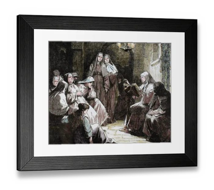 Framed Print : Cloistered nuns. Gospel reading. 19th-century colored engraving