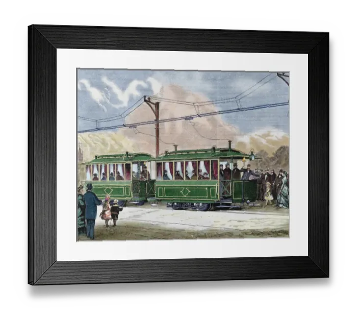 Framed Print : Electric streetcar. Nineteenth-century colored engraving