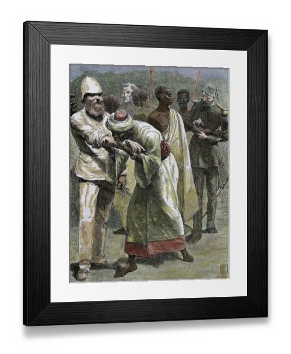 Framed Print : African native kissing the arm of an European settler. Colored engraving of 1887