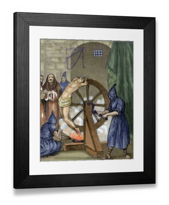 Framed Print : Inquisition. Instrument of torture. Wheel of Fortune. Colored engraving Framed Print : Inquisition. Instrument of torture. Wheel of Fortune. Colored engraving