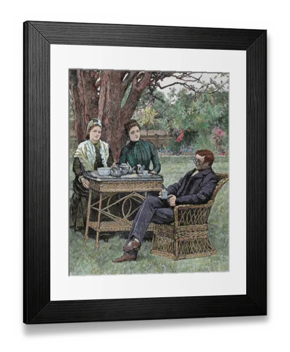 Framed Print : Drinking coffee in the garden. Colored engraving, 1876 Framed Print : Drinking coffee in the garden. Colored engraving, 1876
