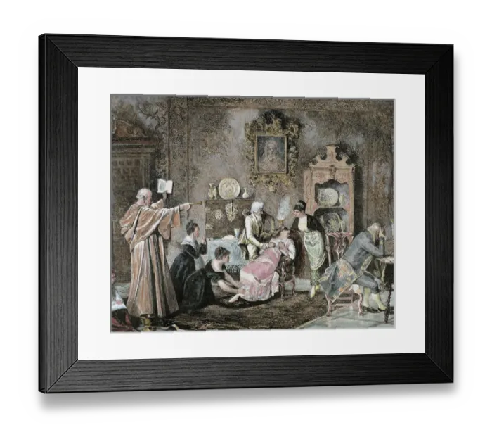 Framed Print : Exorcism. Cleric doing a spell against the evil spirit. Engraving by Recorded by C Framed Print : Exorcism. Cleric doing a spell against the evil spirit. Engraving by Recorded by C