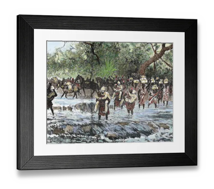 Framed Print : Explorers crossing a stream in the mountains Niniya. Sudan. Colored engraving of 1892 Framed Print : Explorers crossing a stream in the mountains Niniya. Sudan. Colored engraving of 1892