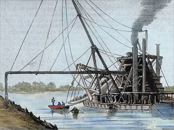 Construction of the Panama Canal. Works in the estuary of the Rio Grande. Colored engraving