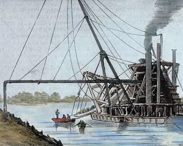Construction of the Panama Canal. Works in the estuary of the Rio Grande. Colored engraving