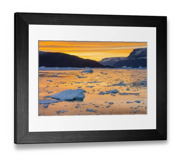 Framed Print : Greenland, Scoresby Sund, Gasefjord. Sunset with icebergs and brash ice