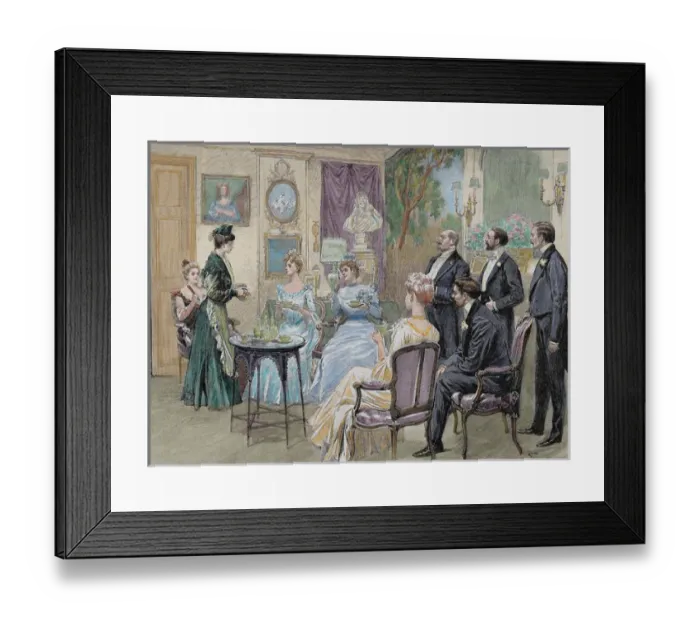 Framed Print : Meeting of aristocratic families in the living room. Colored engraving by George Scott