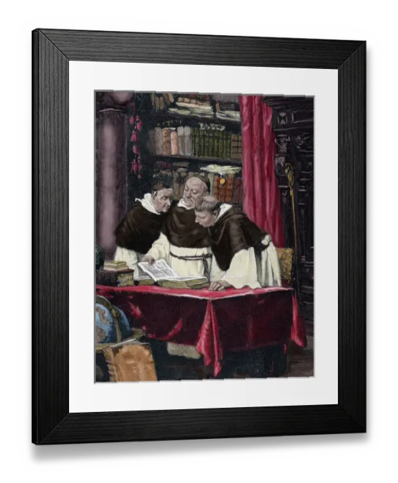Framed Print : Monks reading a copy of the Gutenberg Bible. Engraving by O. Roth in The Spanish Framed Print : Monks reading a copy of the Gutenberg Bible. Engraving by O. Roth in The Spanish