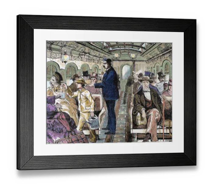 Framed Print : Old railroad car. Inside view with passengers