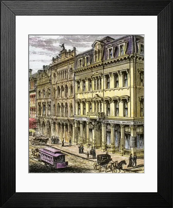 Framed Print : Building Maine Savings Bank on Middle Street. Portland. 1876. Maine. United States Framed Print : Building Maine Savings Bank on Middle Street. Portland. 1876. Maine. United States