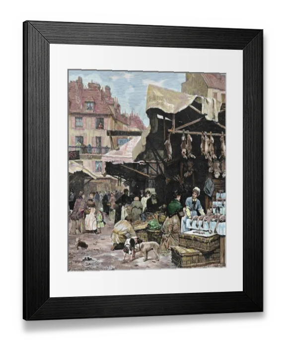 Framed Print : France. Paris. Market. Colored engraving, 1869
