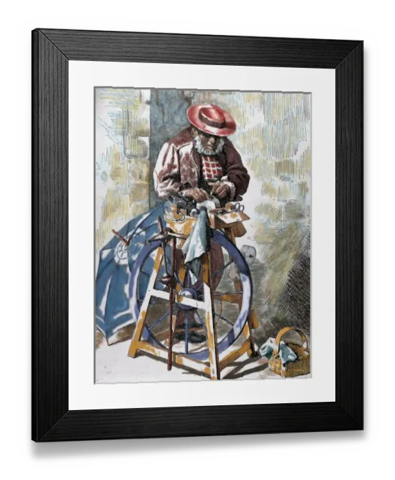 Framed Print : Sharpener street. Colored engraving by E. Alba on a life drawing by D. F. Guisasola. 1879 Framed Print : Sharpener street. Colored engraving by E. Alba on a life drawing by D. F. Guisasola. 1879