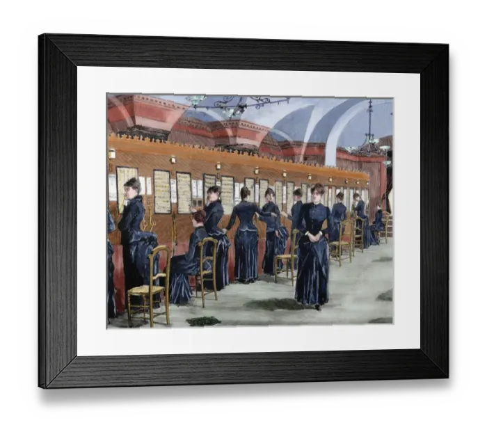 Framed Print : Telephone service in Madrid. Central office. Colored engraving, 1886 Framed Print : Telephone service in Madrid. Central office. Colored engraving, 1886