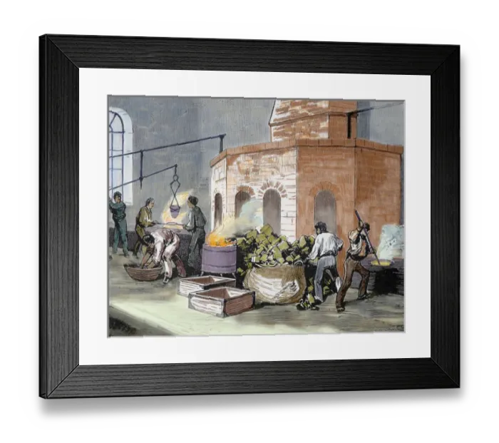 Framed Print : The Mint House. Workers in the smelting of gold pastes. Colored engraving from 1872 Framed Print : The Mint House. Workers in the smelting of gold pastes. Colored engraving from 1872