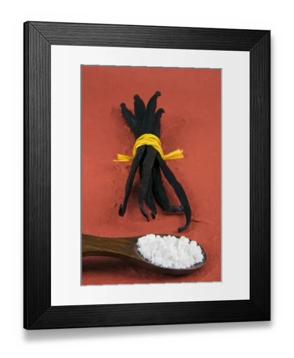 Framed Print : Vanilla pod and vanilla powder in a wooden spoon Framed Print : Vanilla pod and vanilla powder in a wooden spoon