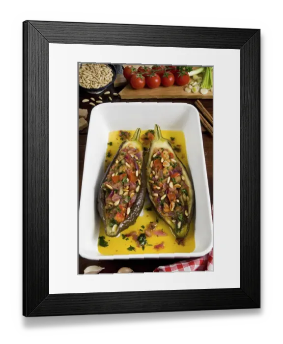 Framed Print : Imam Bayildi, aubergines stuffed with onion, garlic, pine nuts and tomatoes, Turkish food
