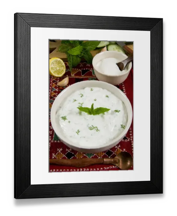 Framed Print : Cacik, sauce with yogurt, mint, cucumber, lemon, Turkish food, Turkey