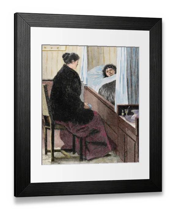 Framed Print : Visiting a sick woman. Colored engraving of The Artistic Illustration, 1892 Framed Print : Visiting a sick woman. Colored engraving of The Artistic Illustration, 1892