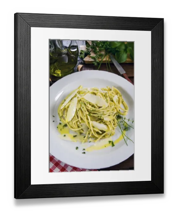 Framed Print : Spaghetti with herbs: rosemary, thyme, oregano, chive and parmesan shavings Framed Print : Spaghetti with herbs: rosemary, thyme, oregano, chive and parmesan shavings