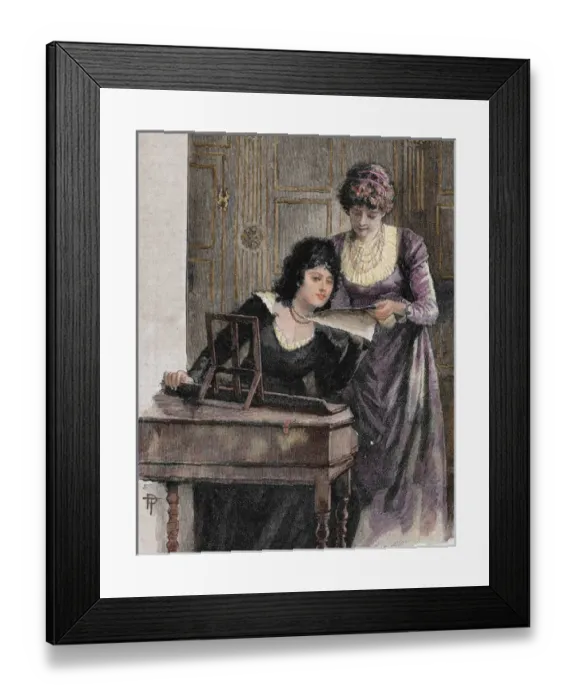 Framed Print : Women with a harpsichord. Colored engraving, 1895 Framed Print : Women with a harpsichord. Colored engraving, 1895