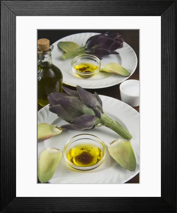 Framed Print : Artichoke with dipping sauce (oil, salt, pepper and vinegar)