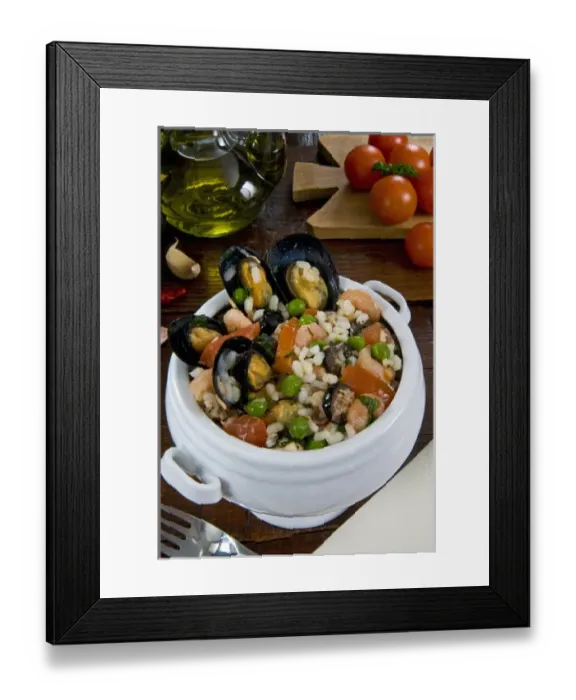 Framed Print : Seafood rice with mussels, shrimps, tomato, olives, peas, Italian cuisine, Italian food Framed Print : Seafood rice with mussels, shrimps, tomato, olives, peas, Italian cuisine, Italian food