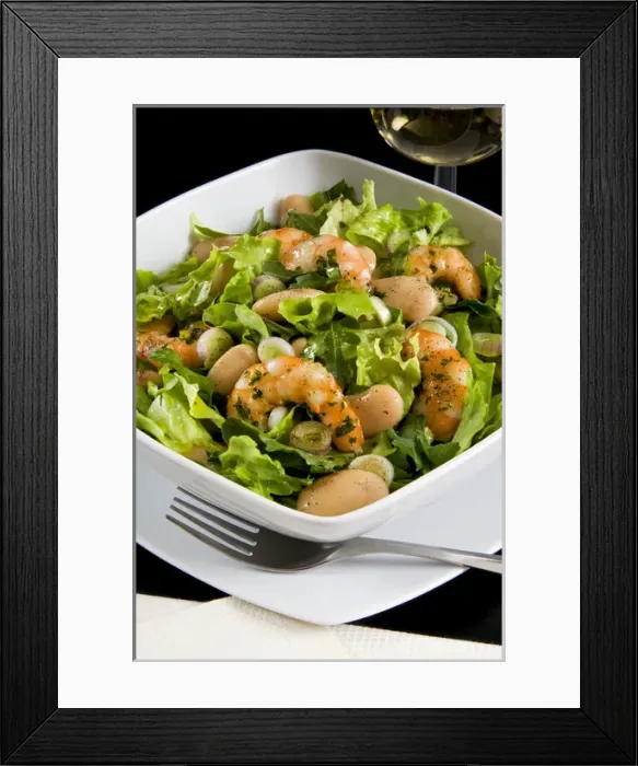 Framed Print : Salad with shrimp, white beans, onions and arugula with balsamic vinegar Framed Print : Salad with shrimp, white beans, onions and arugula with balsamic vinegar