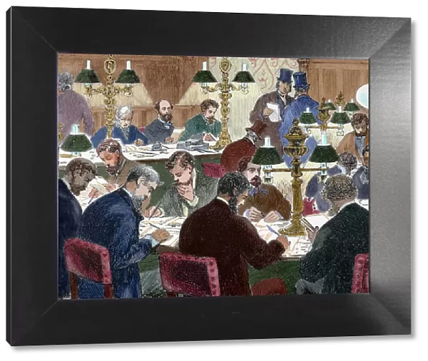 Brokers working. Nineteen-century colored engraving