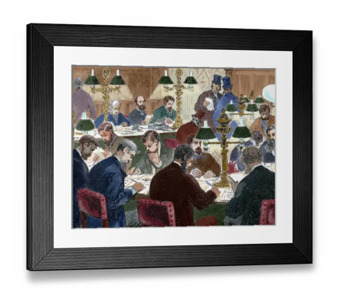 Framed Print : Brokers working. Nineteen-century colored engraving