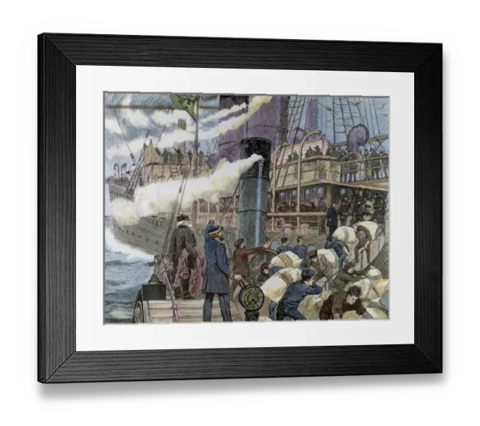 Framed Print : Boat carrying goods in the port of London. 19th century colored engraving