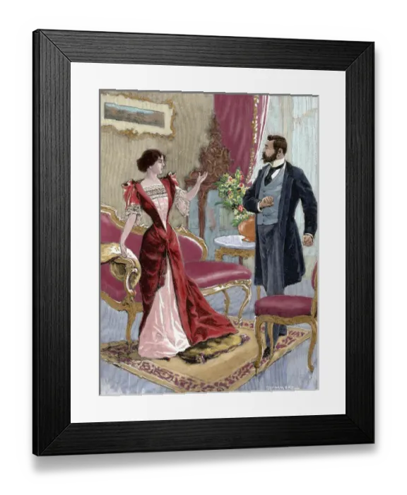 Framed Print : Bourgeoisie. Gentleman with a lady in the living room. Colored engraving. 1897 Framed Print : Bourgeoisie. Gentleman with a lady in the living room. Colored engraving. 1897
