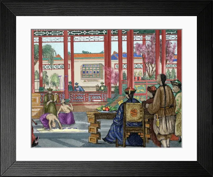 Framed Print : China. Acrobats performing at the Imperial Court. Nineteenth-century colored engraving