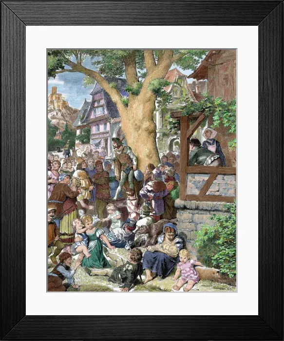 Framed Print : Germany. Minstrel reciting poems and songs at the foot of a lime tree in the village square