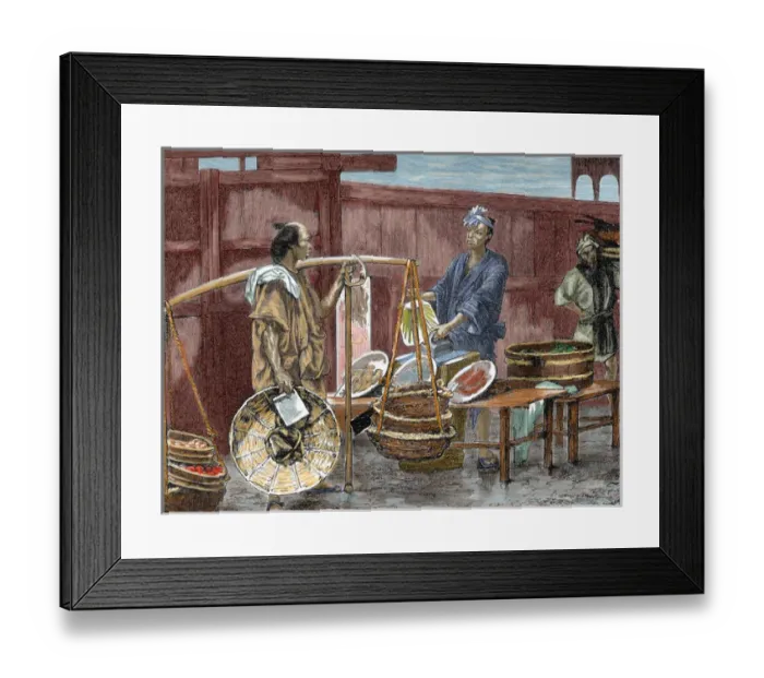Framed Print : Japanese history. Fruit seller. Colored engraving from 1882 Framed Print : Japanese history. Fruit seller. Colored engraving from 1882