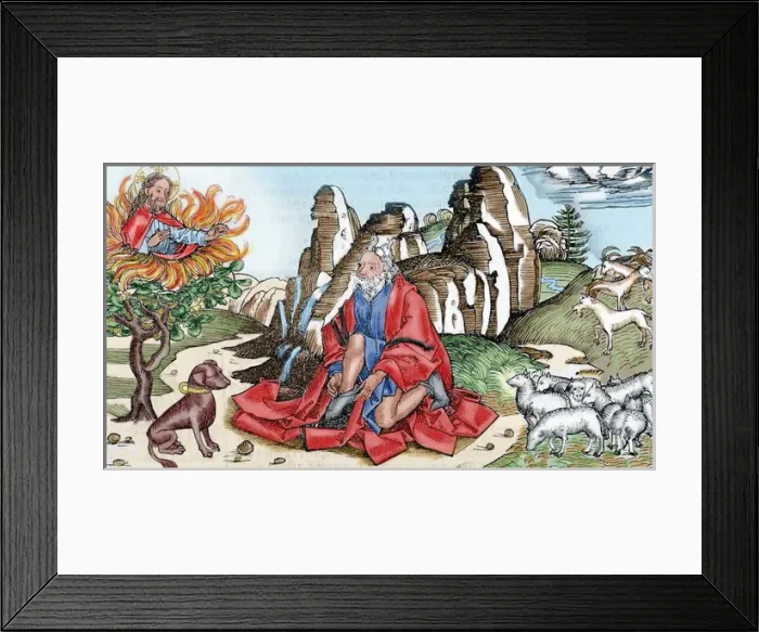 Framed Print : Moses and the burning bush. 16th century engraving. Colored Framed Print : Moses and the burning bush. 16th century engraving. Colored