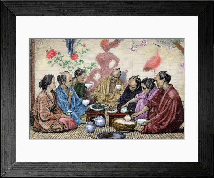 Framed Print : Japanese family eating. Nineteenth-century colored engraving