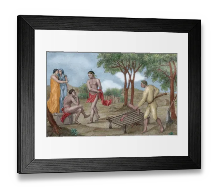Framed Print : Maipure Indians, inhabitants of the Upper Orinoco river, grilling the legs of a dead enemy