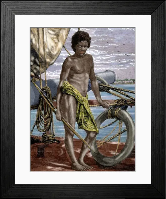 Framed Print : Oceania. Micronesia. Koror native (Palau Island) aboard an European ship. Colored engraving