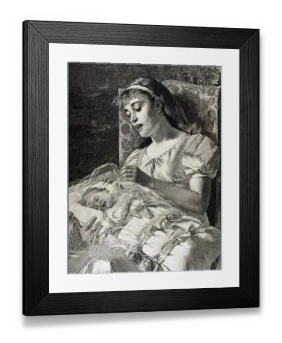 Framed Print : Mother with baby. Engraving made by Knesing in 1887