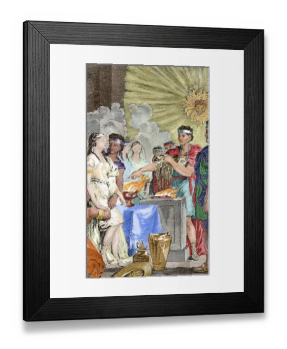 Framed Print : Presentation at the Inca temple of three virgins to be consecrated to the sun. Colored engraving
