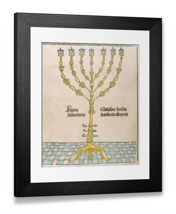 Framed Print : Seven-branched candelabrum or menorah. 16th century engraving Framed Print : Seven-branched candelabrum or menorah. 16th century engraving