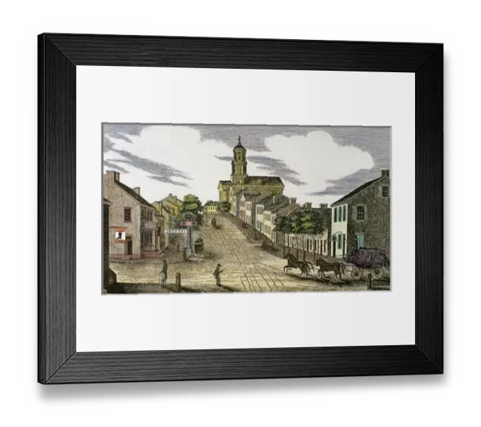 Framed Print : Washington, 1843. Downtown. Shoe shop and grocery to the left. United States. Engraving Framed Print : Washington, 1843. Downtown. Shoe shop and grocery to the left. United States. Engraving