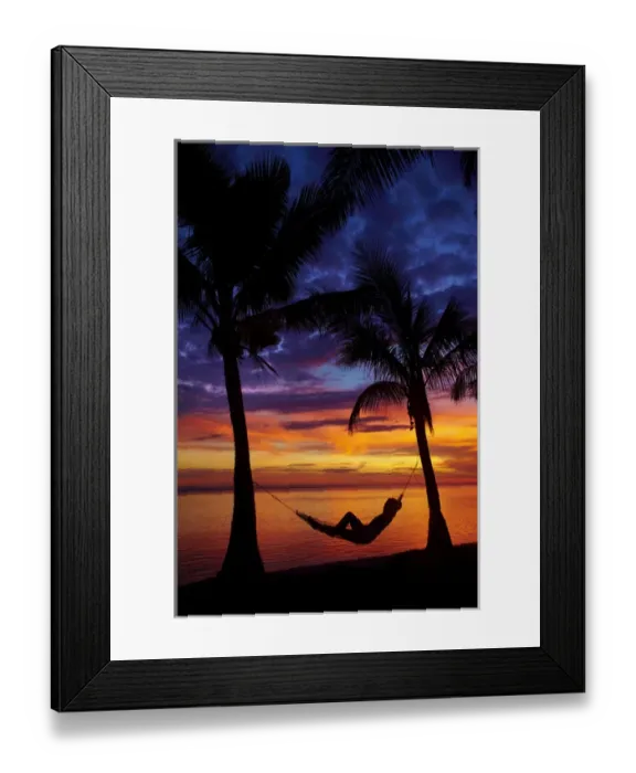 Framed Print : Woman in hammock, and palm trees at sunset, Coral Coast, Viti Levu, Fiji, South Pacific