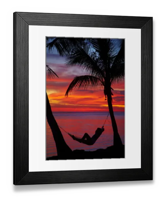 Framed Print : Woman in hammock, and palm trees at sunset, Coral Coast, Viti Levu, Fiji, South Pacific