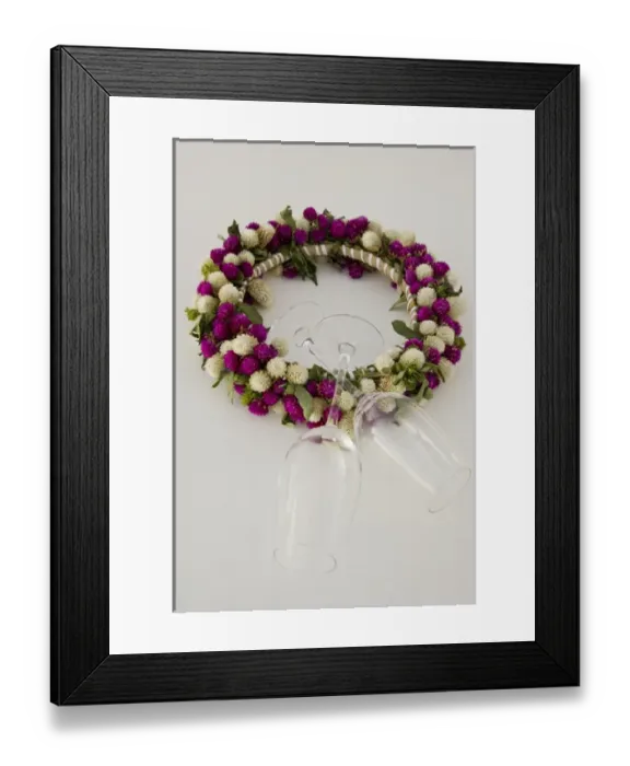 Framed Print : Oceania, French Polynesia, Taha a. Flower head wreath and wine glasses. Credit as Framed Print : Oceania, French Polynesia, Taha a. Flower head wreath and wine glasses. Credit as