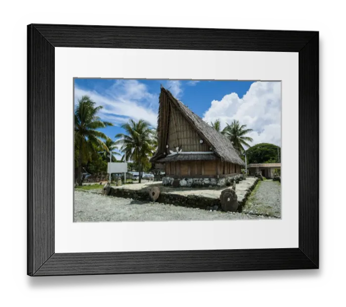 Framed Print : Traditional house with stone money in front, Island of Yap, Micronesia